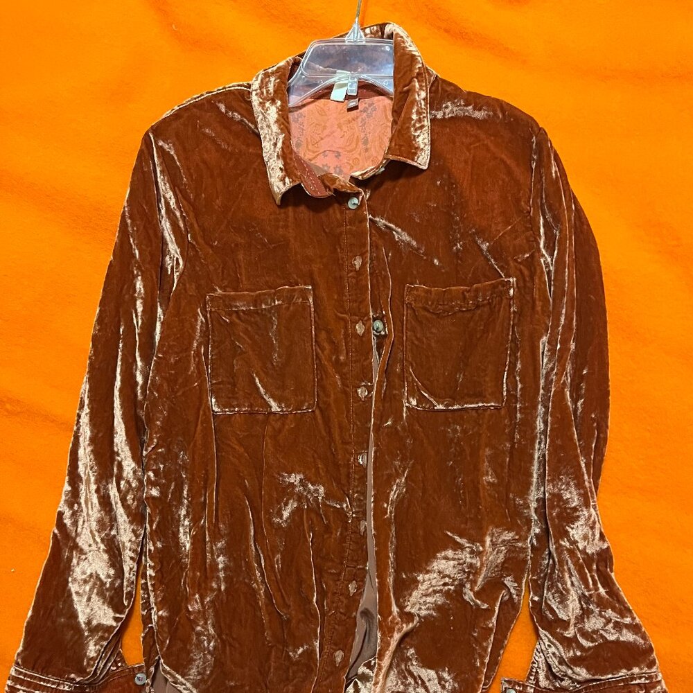 Burnt Orange Crushed Velvet Button Down Shirt by Pilcro